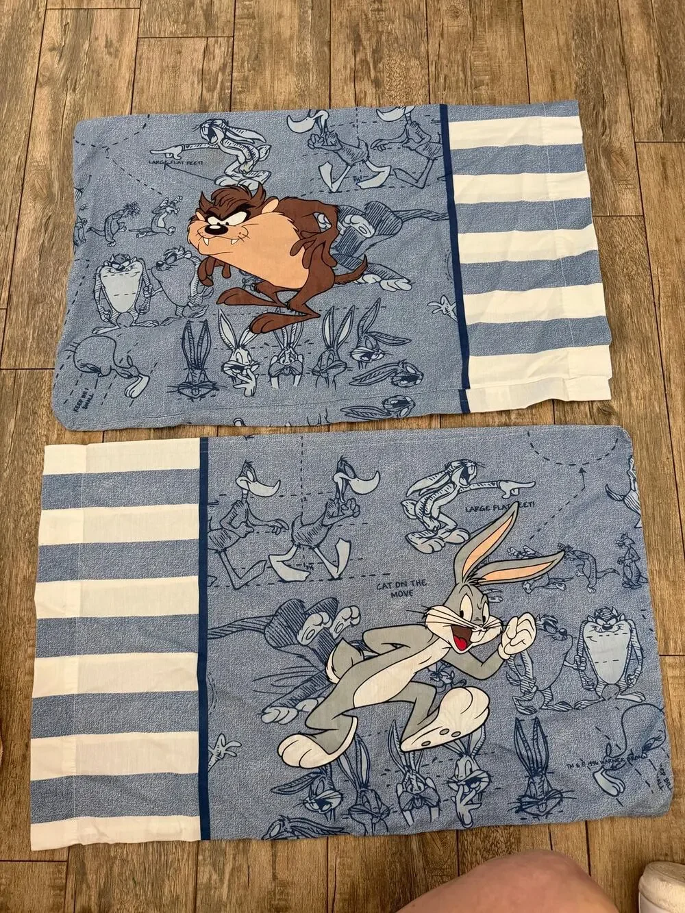 VTG The Bibb Company Pillowcases Blue White Bunny Tasmanian Devil Looney Tunes
